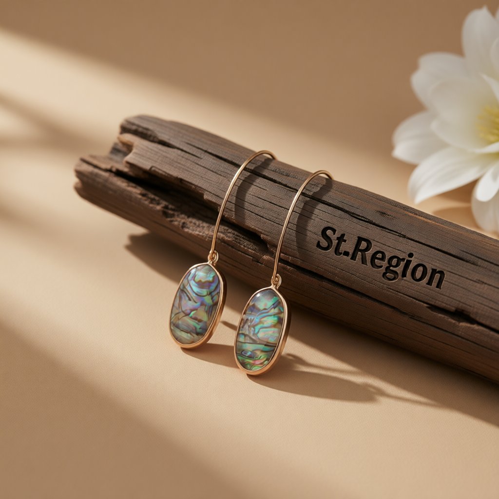 Abalone Shell and 18K Gold-Plated Oval Drop Earrings, gold drop earrings for women, dainty minimalist design, front view