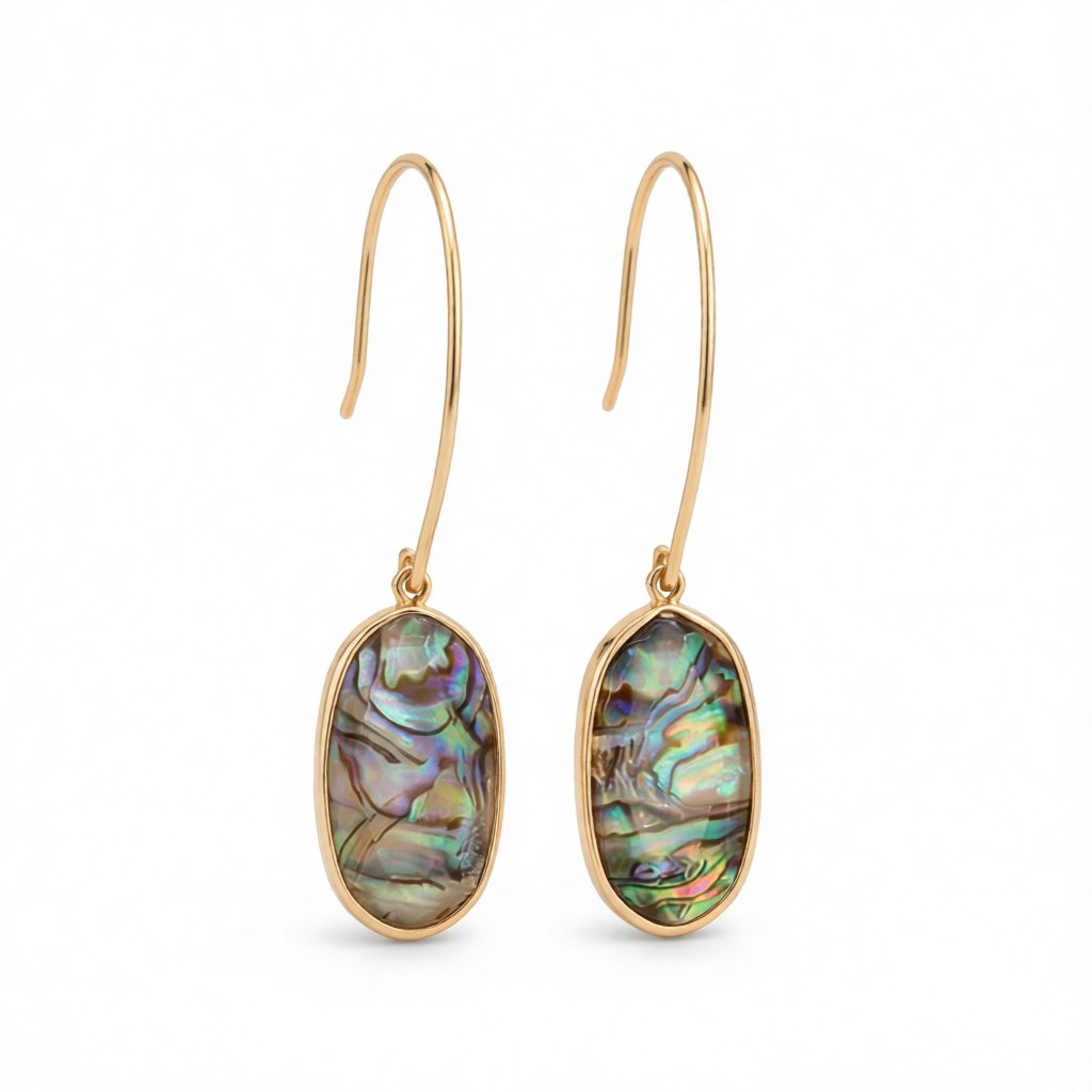 Abalone Shell and 18K Gold-Plated Oval Drop Earrings, gold drop earrings for women, dainty minimalist design, side view