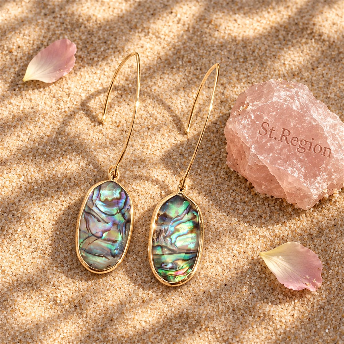 Abalone Shell and 18K Gold-Plated Oval Drop Earrings, gold drop earrings for women, dainty minimalist design, detail close-up