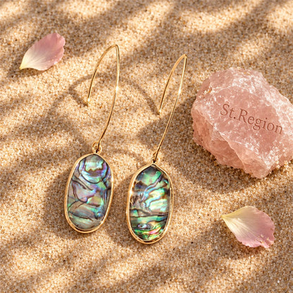 Abalone Shell and 18K Gold-Plated Oval Drop Earrings, gold drop earrings for women, dainty minimalist design, detail close-up