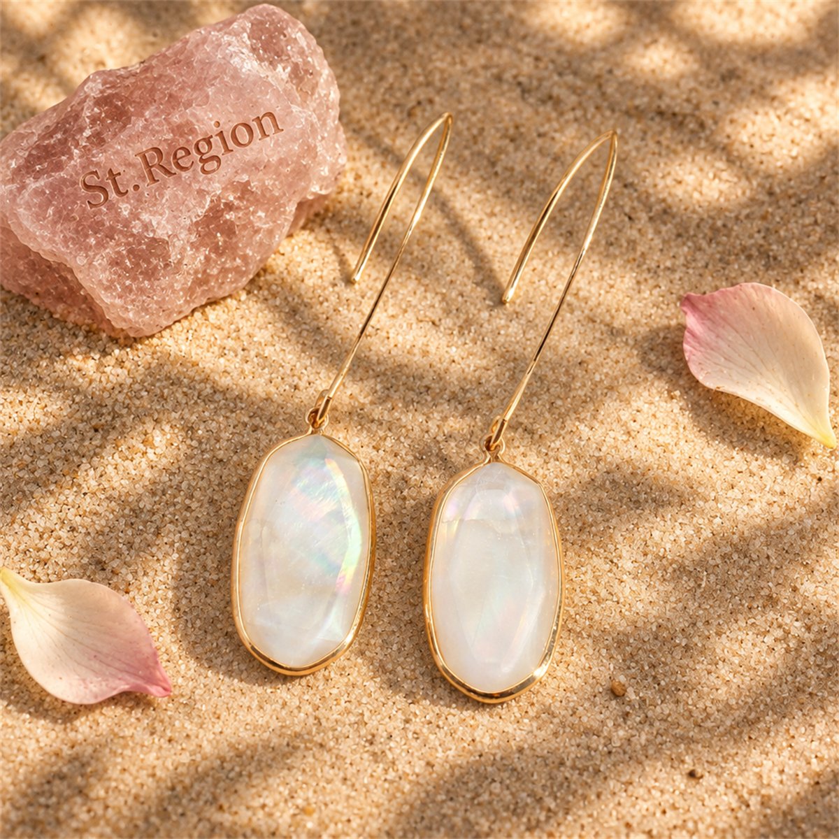 Shell and 18K Gold-Plated Oval Drop Earrings, gold drop earrings for women, vintage-inspired design, detail close-up