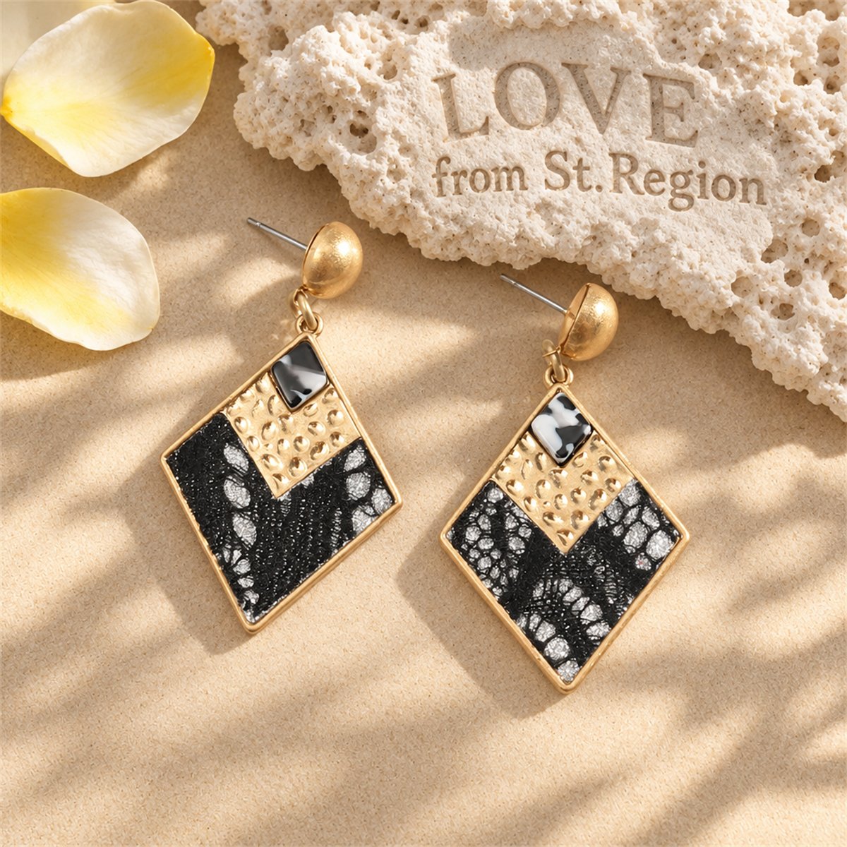Black Polystyrene and 18K Gold-Plated Leopard Rhombus Drop Earrings, gold drop earrings for women, lifestyle look