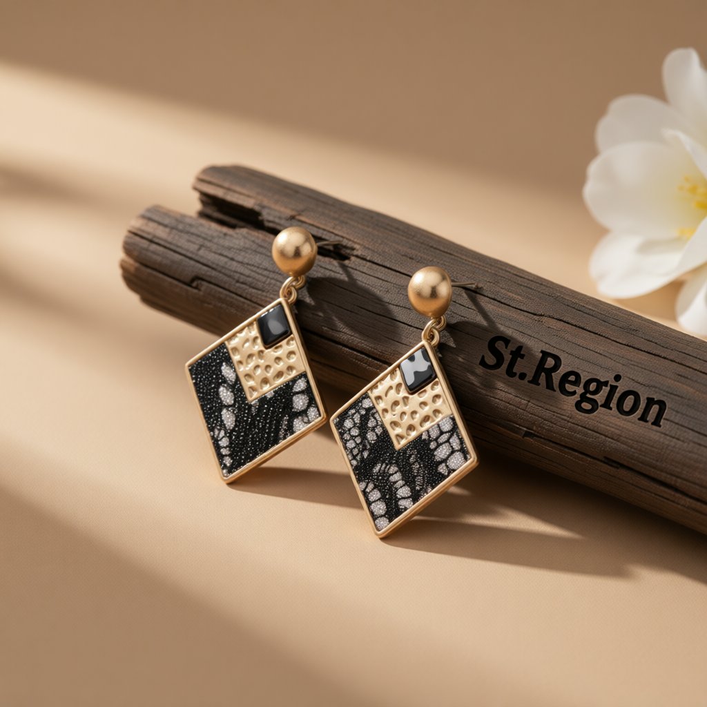 Black Polystyrene and 18K Gold-Plated Leopard Rhombus Drop Earrings, gold drop earrings for women, front view