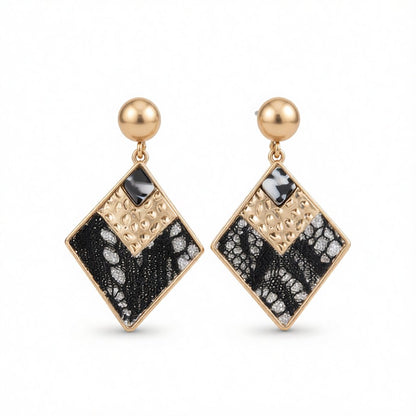 Black Polystyrene and 18K Gold-Plated Leopard Rhombus Drop Earrings, gold drop earrings for women, side view