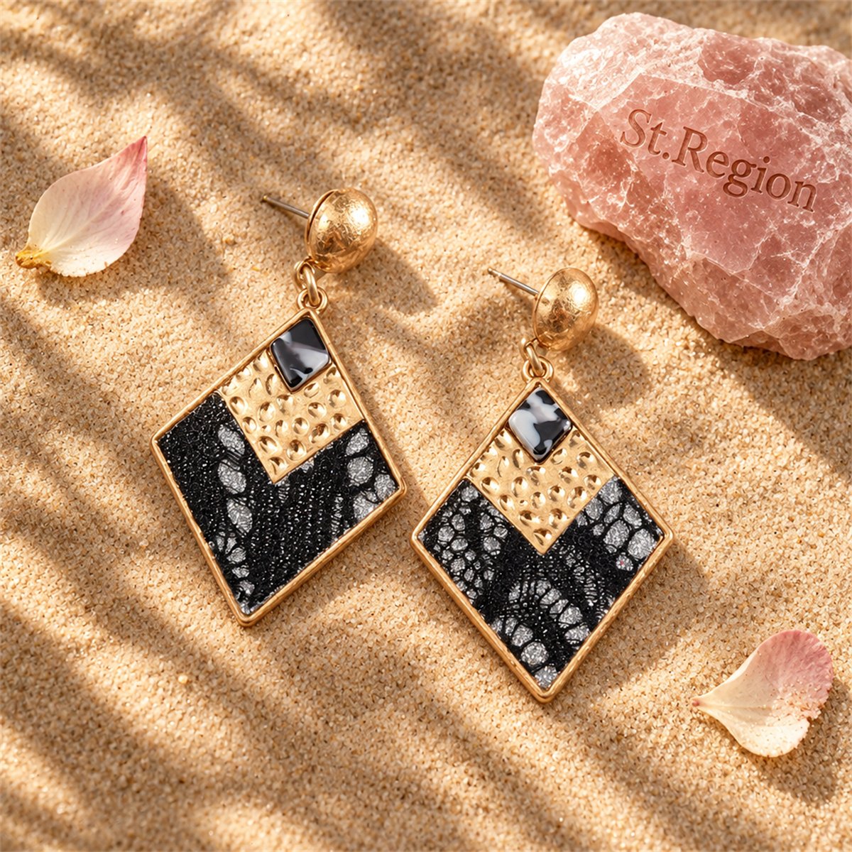Black Polystyrene and 18K Gold-Plated Leopard Rhombus Drop Earrings, gold drop earrings for women, detail close-up