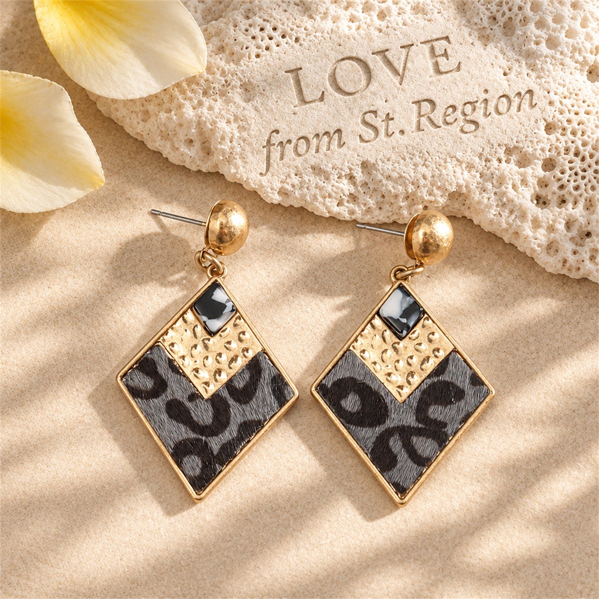 Gray Polystyrene and Resin 18K Gold-Plated Leopard Rhombus Drop Earrings, gold drop earrings for women, lifestyle look