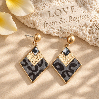 Gray Polystyrene and Resin 18K Gold-Plated Leopard Rhombus Drop Earrings, gold drop earrings for women, lifestyle look