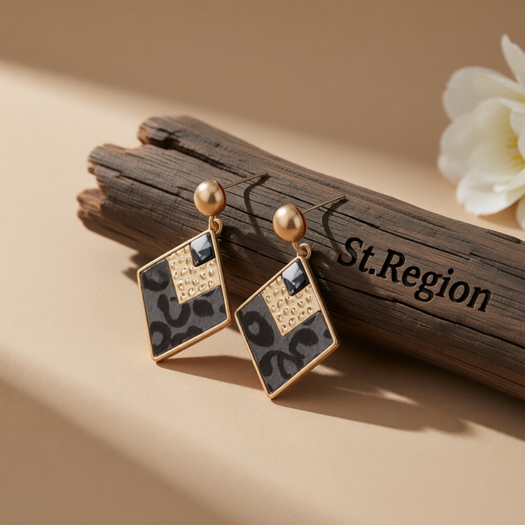 Gray Polystyrene and Resin 18K Gold-Plated Leopard Rhombus Drop Earrings, gold drop earrings for women, front view