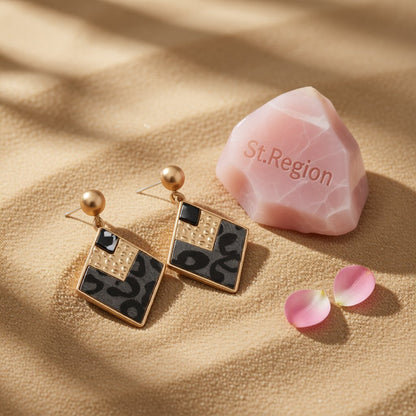 Gray Polystyrene and Resin 18K Gold-Plated Leopard Rhombus Drop Earrings, gold drop earrings for women, detail close-up