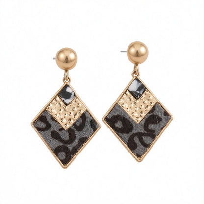 Gray Polystyrene and Resin 18K Gold-Plated Leopard Rhombus Drop Earrings, gold drop earrings for women, side view