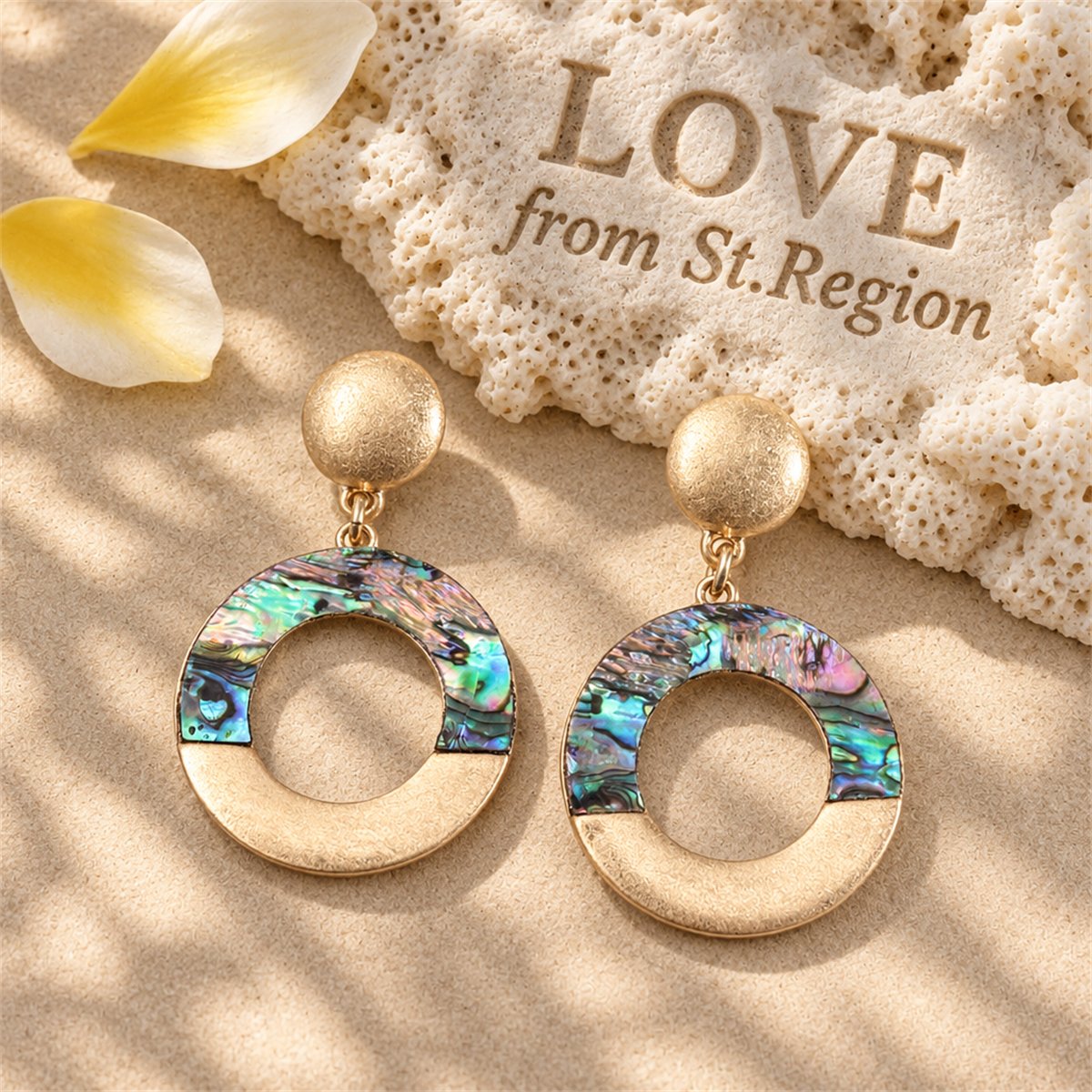 Abalone Shell and 18K Gold-Plated Patchwork Circle Drop Earrings, gold drop earrings for women, lifestyle look
