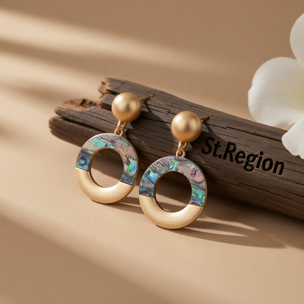 Abalone Shell and 18K Gold-Plated Patchwork Circle Drop Earrings, gold drop earrings for women, front view