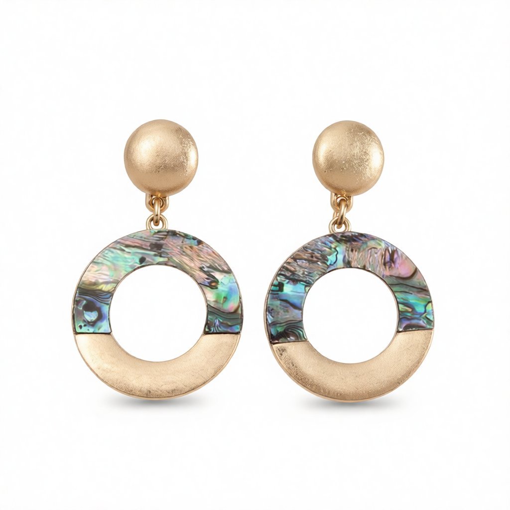 Abalone Shell and 18K Gold-Plated Patchwork Circle Drop Earrings, gold drop earrings for women, botanical inspired, side view