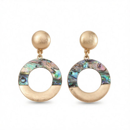 Abalone Shell and 18K Gold-Plated Patchwork Circle Drop Earrings, gold drop earrings for women, botanical inspired, side view