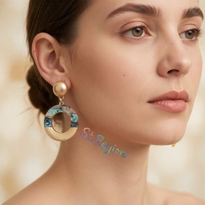 Abalone Shell and 18K Gold-Plated Patchwork Circle Drop Earrings, gold drop earrings for women, styled look