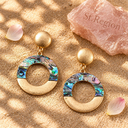 Abalone Shell and 18K Gold-Plated Patchwork Circle Drop Earrings, gold drop earrings for women, detail close-up