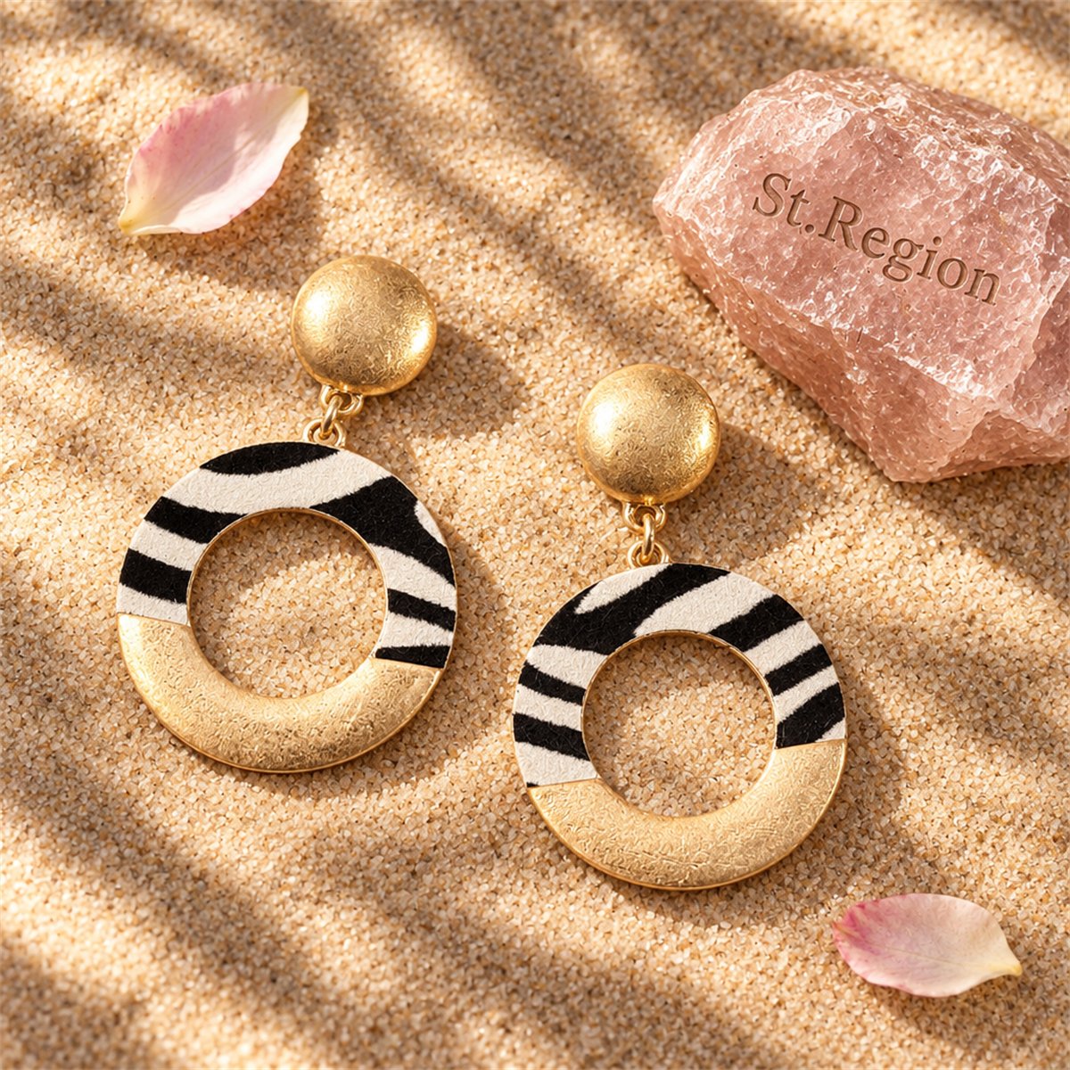 Black Polyurethane and 18K Gold-Plated Stripes Circle Drop Earrings, gold drop earrings for women, detail close-up