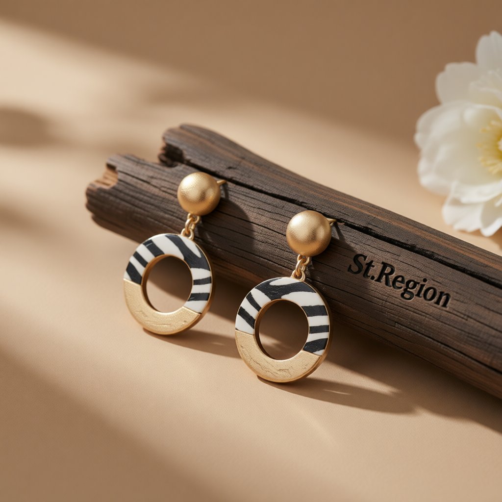 Black Polyurethane and 18K Gold-Plated Stripes Circle Drop Earrings, gold drop earrings for women, front view