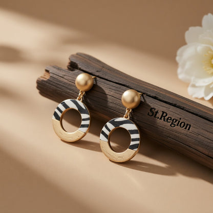 Black Polyurethane and 18K Gold-Plated Stripes Circle Drop Earrings, gold drop earrings for women, front view