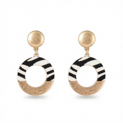 Black Polyurethane and 18K Gold-Plated Stripes Circle Drop Earrings, gold drop earrings for women, side view
