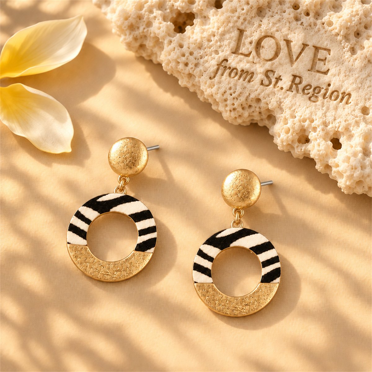 Black Polyurethane and 18K Gold-Plated Stripes Circle Drop Earrings, gold drop earrings for women, lifestyle look