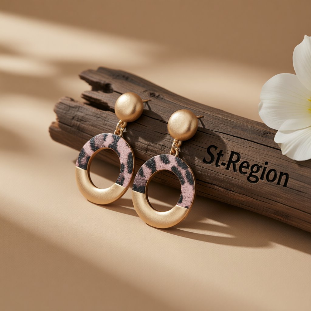 Pink Polyurethane and 18K Gold-Plated Leopard-Print Circle Drop Earrings, gold drop earrings for women, front view