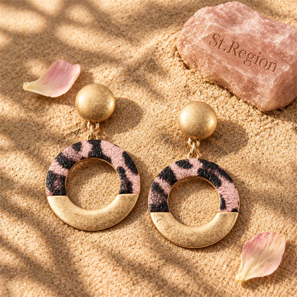 Pink Polyurethane and 18K Gold-Plated Leopard-Print Circle Drop Earrings, gold drop earrings for women, detail close-up