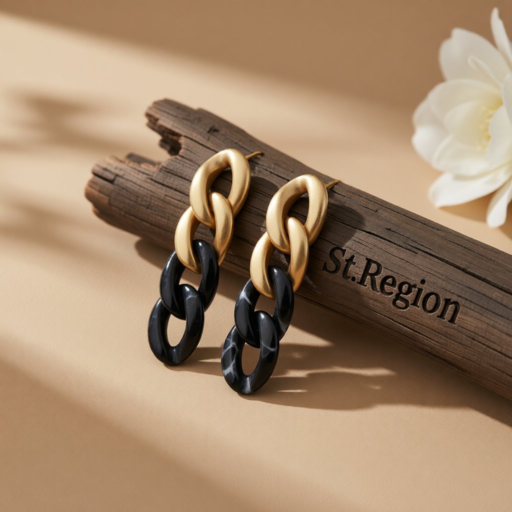 Black Resin and 18K Gold-Plated Chain Drop Earrings, gold drop earrings for women, everyday style, front view