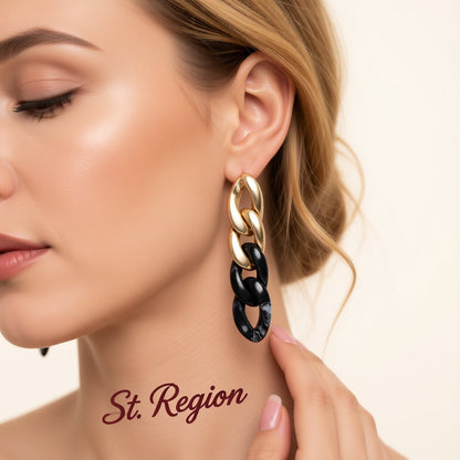 Black Resin and 18K Gold-Plated Chain Drop Earrings, gold drop earrings for women, everyday style, styled look