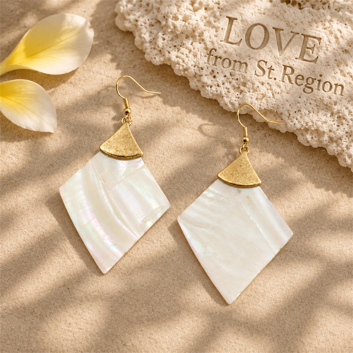 Shell and 18K Gold-Plated Rhombus Drop Earrings, gold drop earrings for women, dainty minimalist design, lifestyle look
