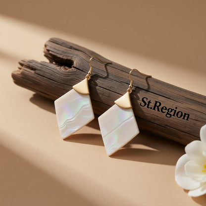 Shell and 18K Gold-Plated Rhombus Drop Earrings, gold drop earrings for women, dainty minimalist design, front view