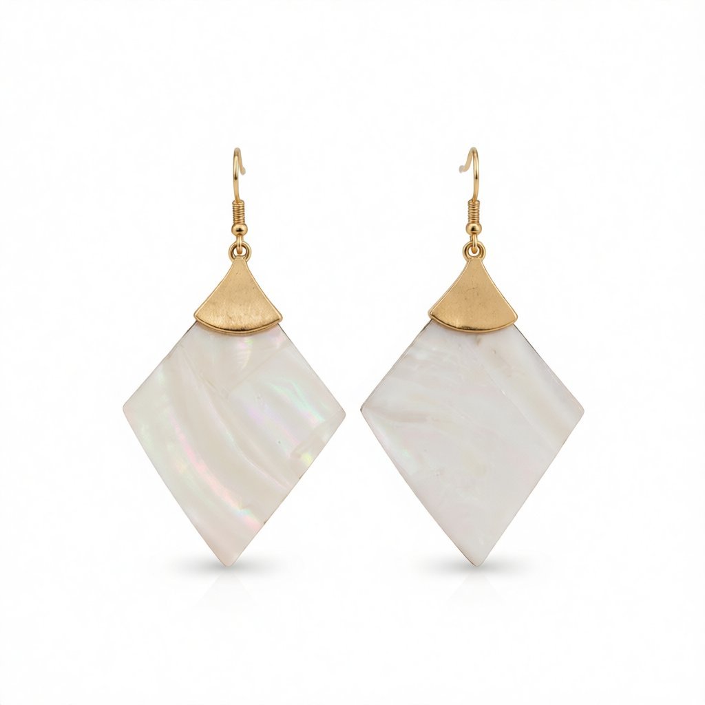 Shell and 18K Gold-Plated Rhombus Drop Earrings, gold drop earrings for women, dainty minimalist design, side view