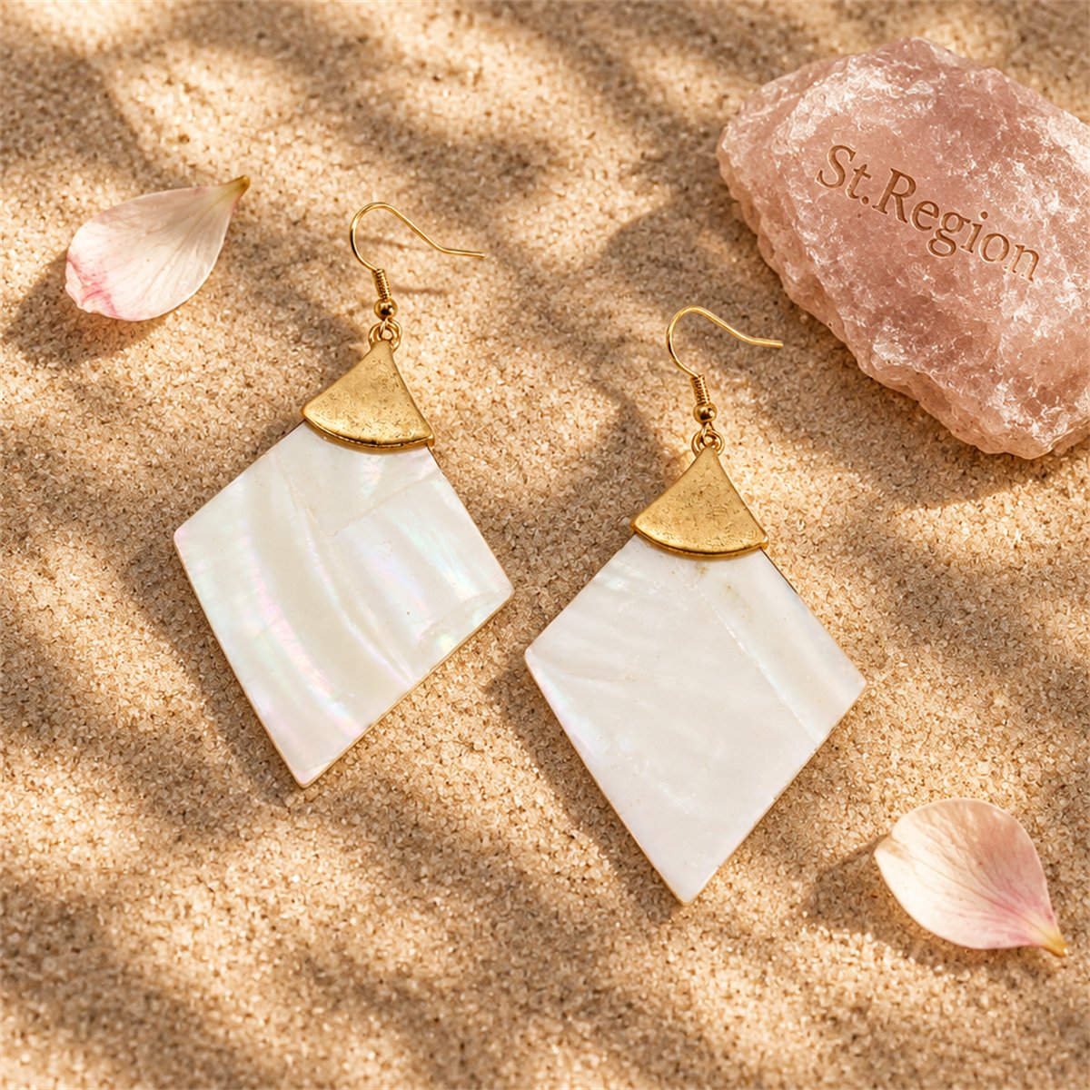 Shell and 18K Gold-Plated Rhombus Drop Earrings, gold drop earrings for women, dainty minimalist design, detail close-up