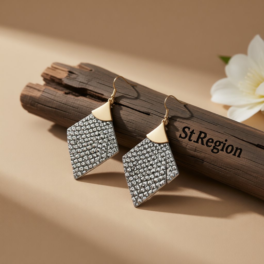 Gray Polyurethane and 18K Gold-Plated Snake-Print Rhombus Drop Earrings, gold drop earrings for women, front view