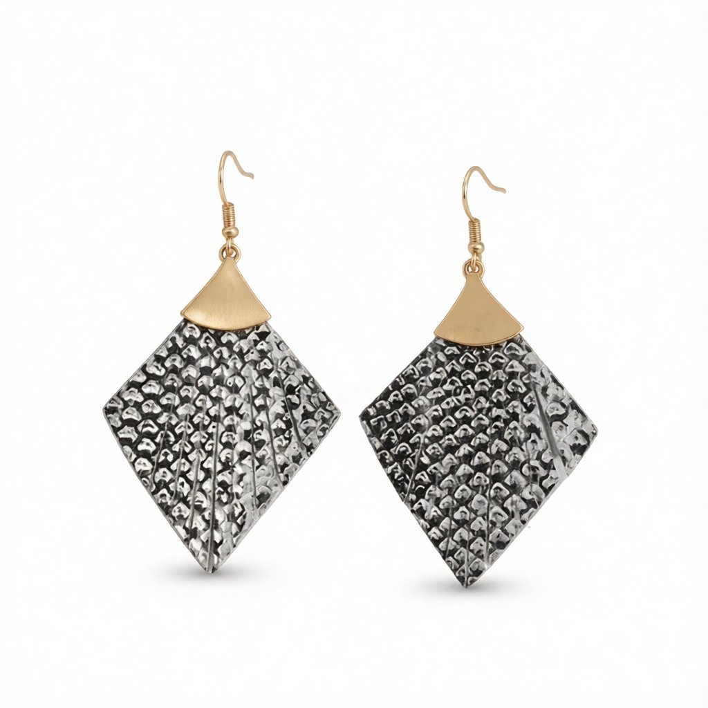 Gray Polyurethane and 18K Gold-Plated Snake-Print Rhombus Drop Earrings, gold drop earrings for women, side view