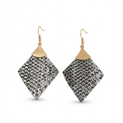 Gray Polyurethane and 18K Gold-Plated Snake-Print Rhombus Drop Earrings, gold drop earrings for women, side view