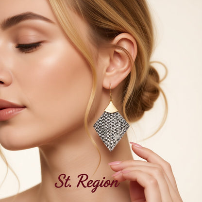 Gray Polyurethane and 18K Gold-Plated Snake-Print Rhombus Drop Earrings, gold drop earrings for women, styled look