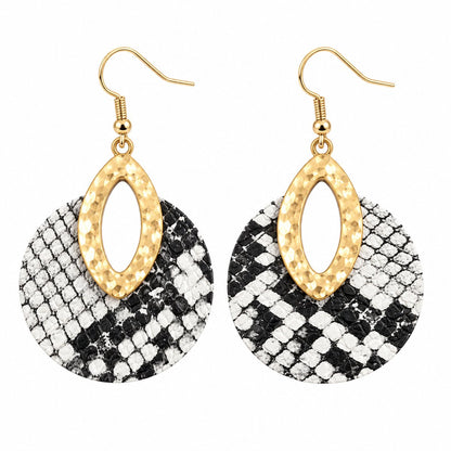 Black Polyurethane and 18K Gold-Plated Snake-Print Round Drop Earrings, gold drop earrings for women, side view