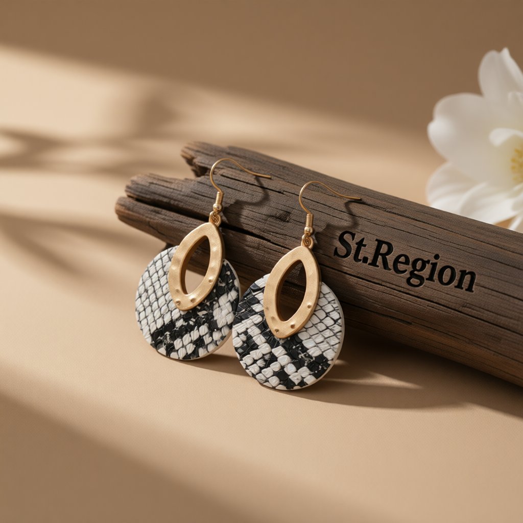 Black Polyurethane and 18K Gold-Plated Snake-Print Round Drop Earrings, gold drop earrings for women, front view