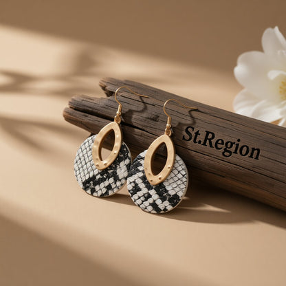 Black Polyurethane and 18K Gold-Plated Snake-Print Round Drop Earrings, gold drop earrings for women, front view