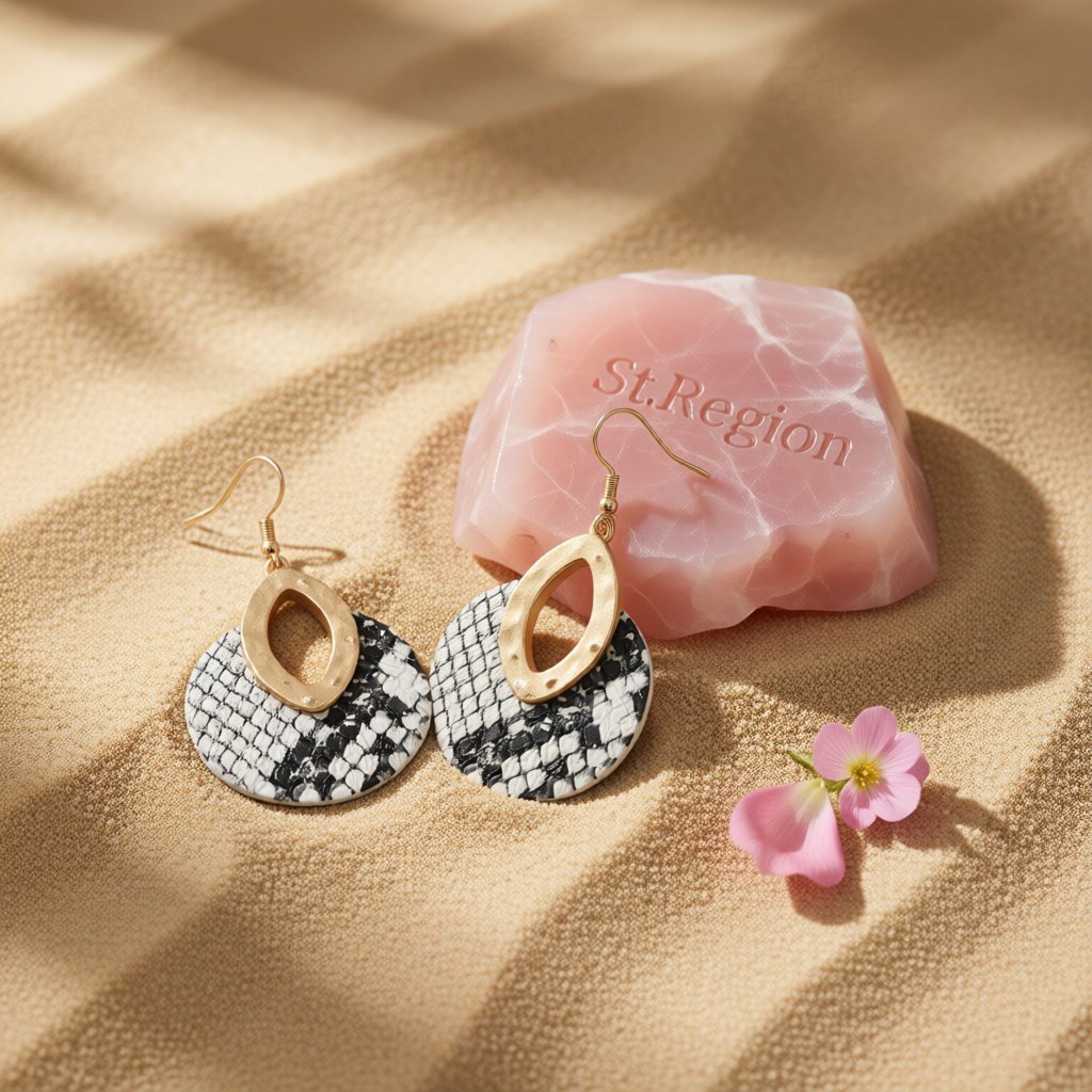 Black Polyurethane and 18K Gold-Plated Snake-Print Round Drop Earrings, gold drop earrings for women, detail close-up