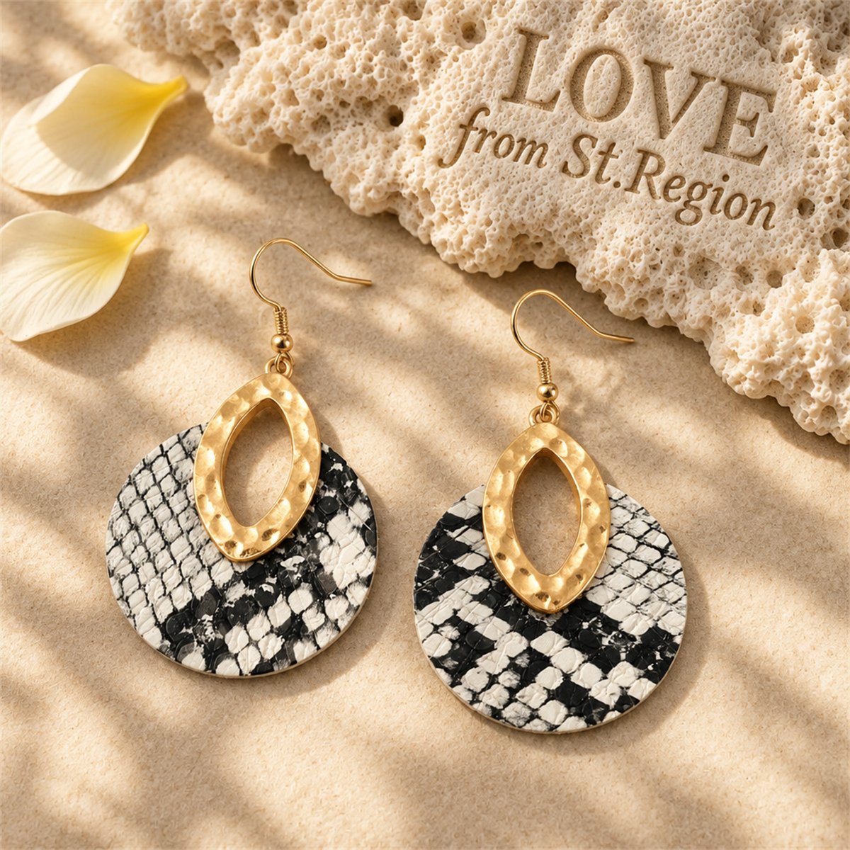 Black Polyurethane and 18K Gold-Plated Snake-Print Round Drop Earrings, gold drop earrings for women, lifestyle look
