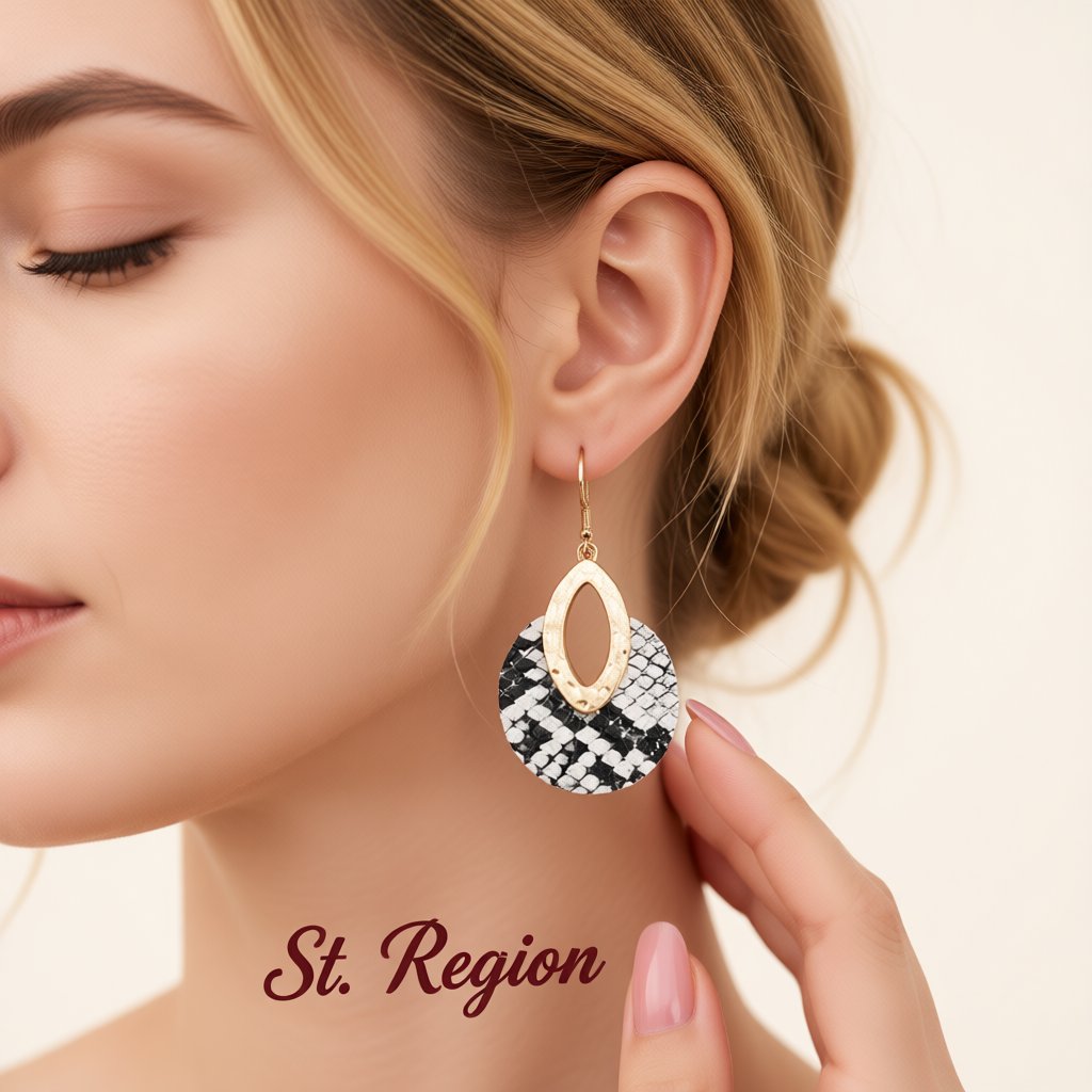 Black Polyurethane and 18K Gold-Plated Snake-Print Round Drop Earrings, gold drop earrings for women, styled look