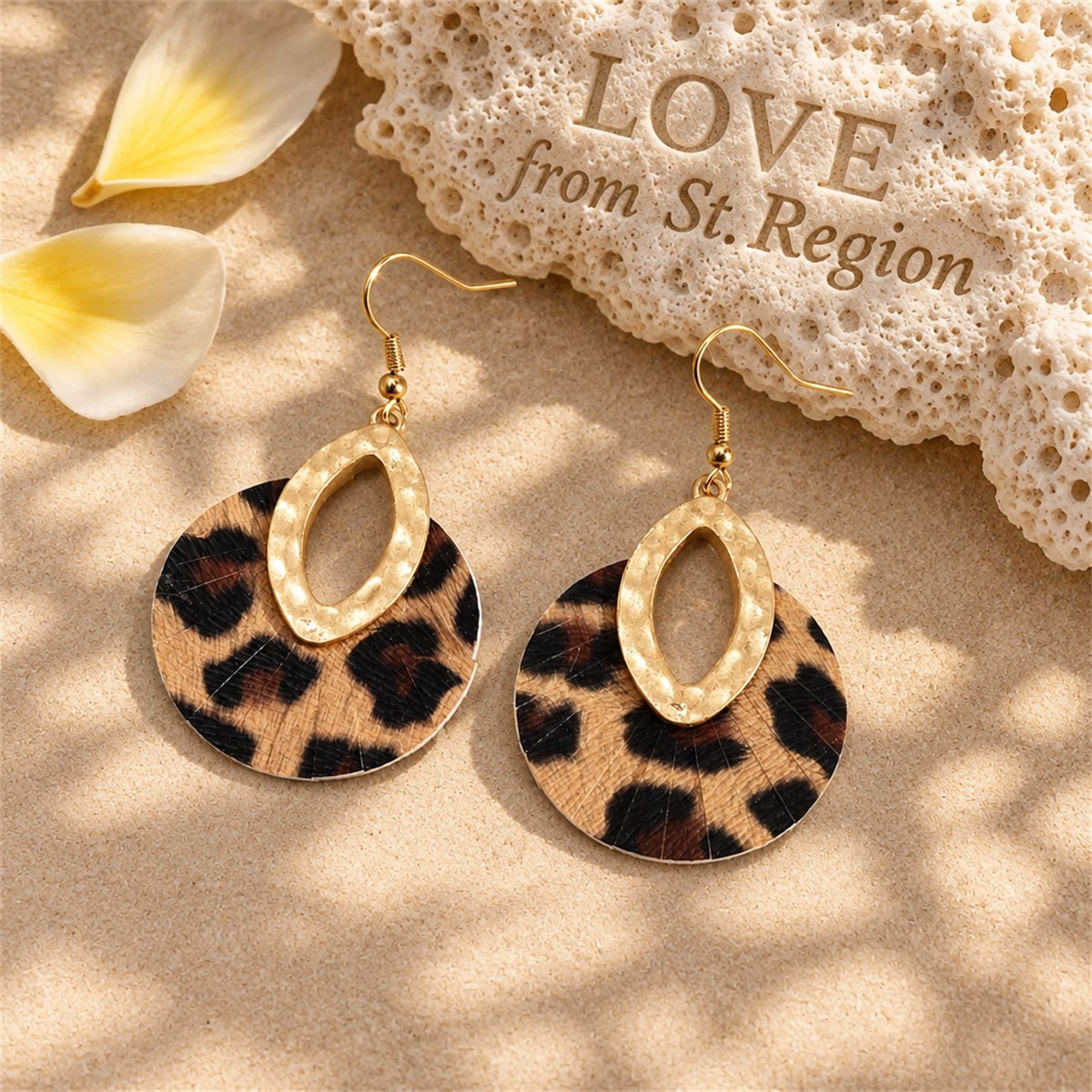 Brown Polyurethane and 18K Gold-Plated Leopard-Print Pear Round Drop Earrings, gold drop earrings for women, lifestyle look