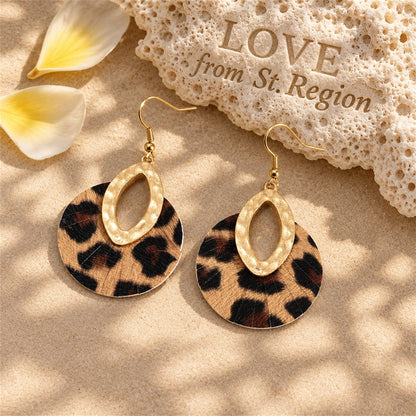 Brown Polyurethane and 18K Gold-Plated Leopard-Print Pear Round Drop Earrings, gold drop earrings for women, lifestyle look