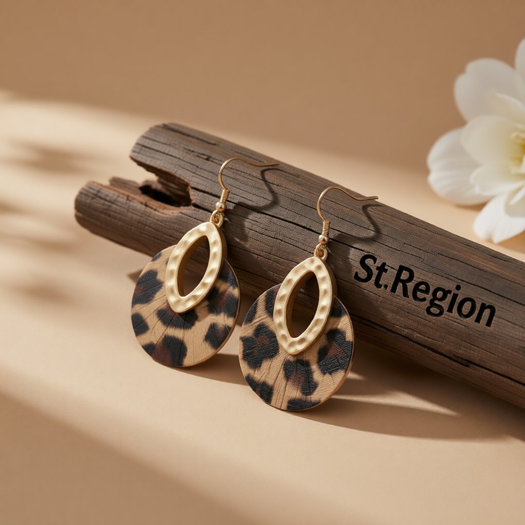 Brown Polyurethane and 18K Gold-Plated Leopard-Print Pear Round Drop Earrings, gold drop earrings for women, front view