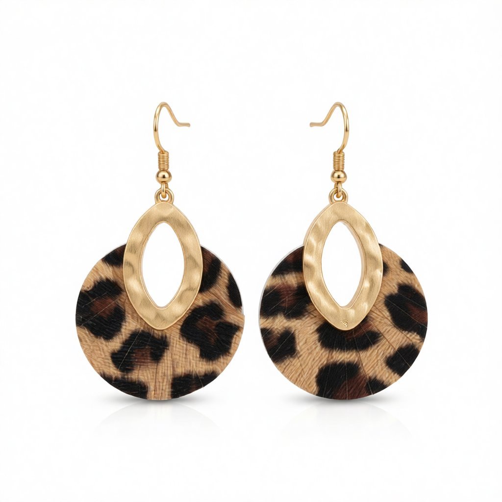 Brown Polyurethane and 18K Gold-Plated Leopard-Print Pear Round Drop Earrings, gold drop earrings for women, side view