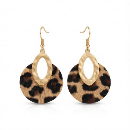Brown Polyurethane and 18K Gold-Plated Leopard-Print Pear Round Drop Earrings, gold drop earrings for women, side view