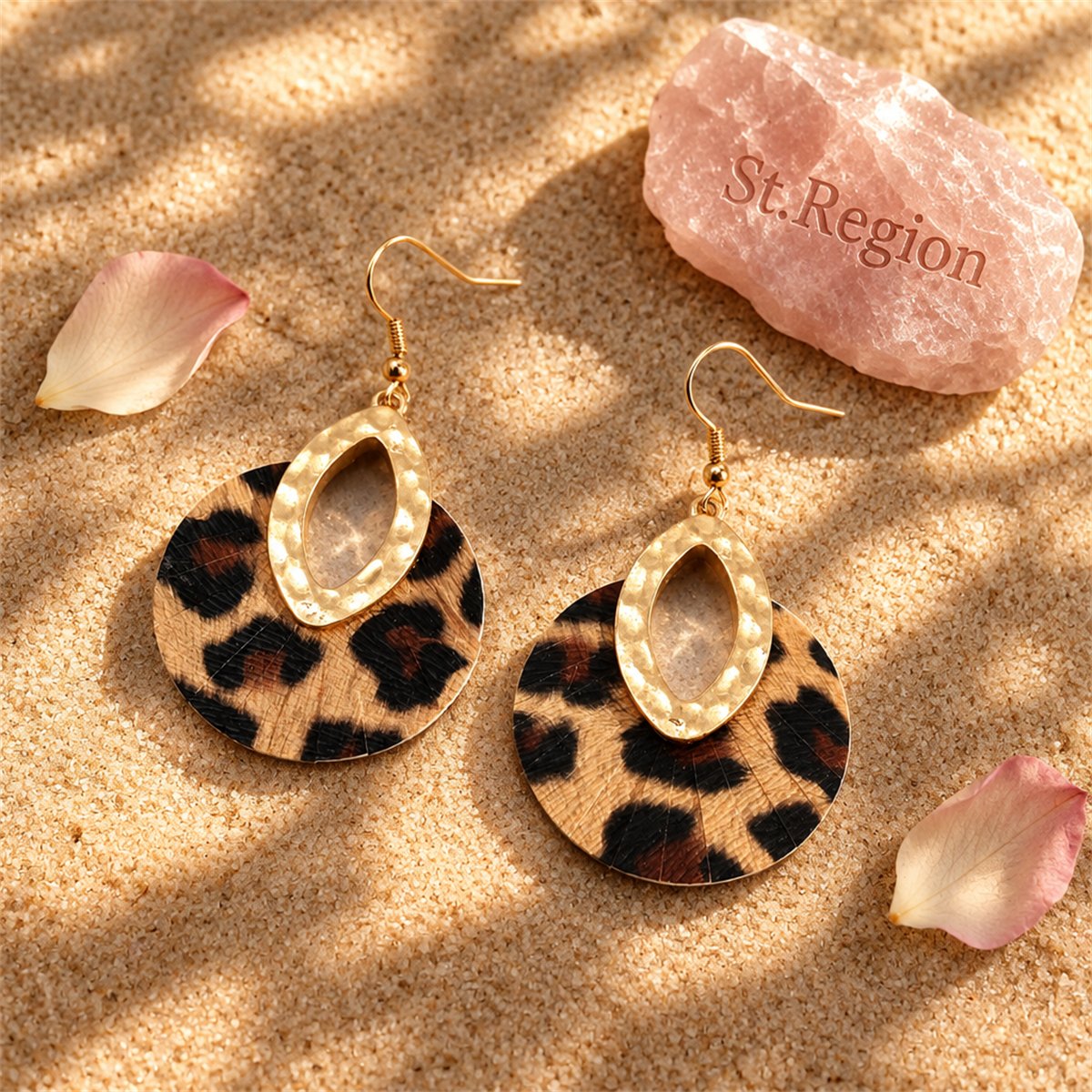 Brown Polyurethane and 18K Gold-Plated Leopard-Print Pear Round Drop Earrings, gold drop earrings for women, detail close-up