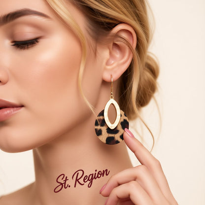 Brown Polyurethane and 18K Gold-Plated Leopard-Print Pear Round Drop Earrings, gold drop earrings for women, styled look
